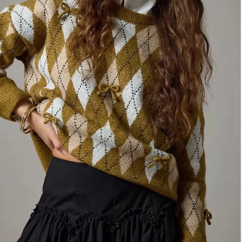Anthropologie Maeve 3D Bow Argyle Crew Neck Sweater Small Green Brown Oversized - Picture 2 of 8